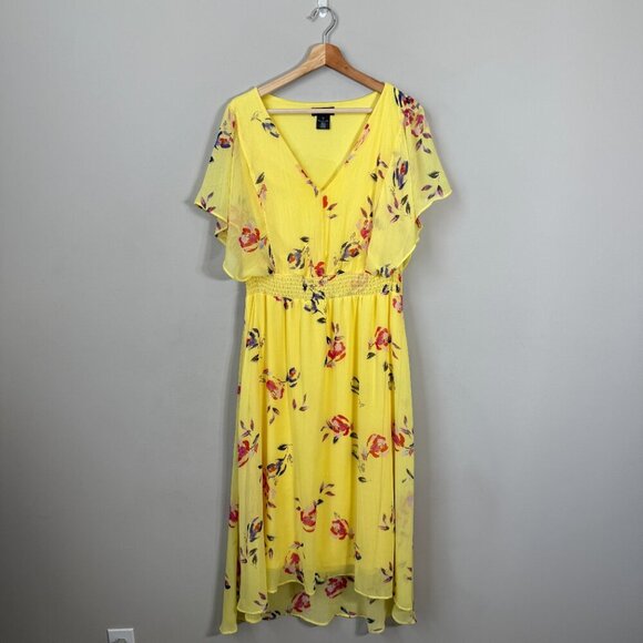 DKNY Shirred Floral Print Crepon Midi Dress Womens 14 Yellow Flutter Sleeve Chic - Picture 4 of 13